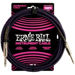 ERNIE BALL 6393 - кабель инструментальный, оплетёный, прямой и угловой джеки, 3,05 м, фиолет/чёрный